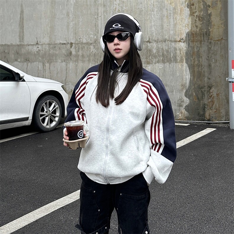 抖音得物高品质 美式高街重磅结构织带拼接撞色立领卫衣外套 CM41图片