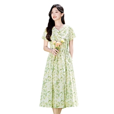 碎花纯棉连衣裙女士2026夏季新款修身显瘦复古气质收腰中长款裙子，女装连衣裙，倪叶myz