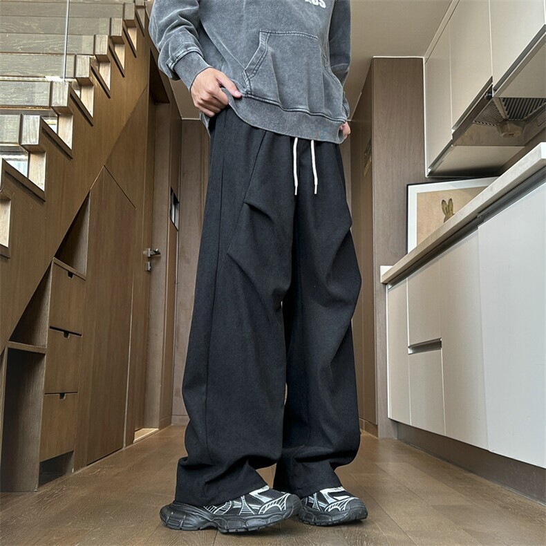 美式褶皱卫裤男高街痞帅垂感宽松阔腿直筒休闲裤504-K215-P45控69,男装休闲裤,星座504