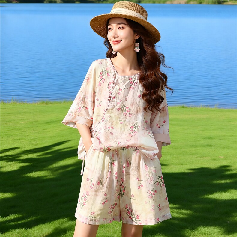 芷墨夏季现款可爱宽松透气套装上衣短款两件套显瘦通勤出游松弛装,女装套装/套裙,芷墨服饰