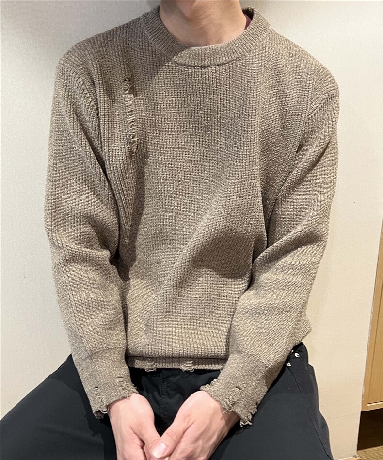 百搭男士圆领毛衣纯色休闲秋冬破洞设计套头毛衣情侣内搭,男装针织衫/毛衣,星座510-1