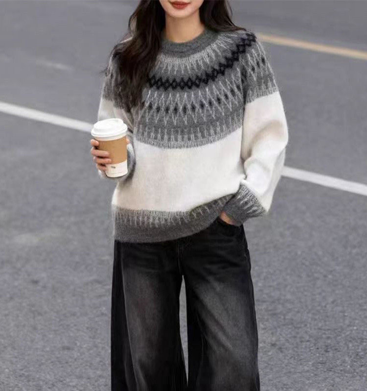 2025年秋季时尚百搭通勤简约休闲加厚扇形费尔岛提花，女装羊毛衫，美轩羊绒