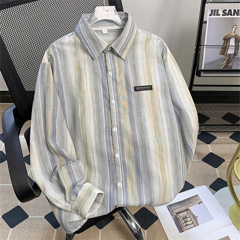 日系复古条纹衬衫长袖夏季薄款亚麻衬衣宽松潮流情侣上衣C513/P45，男装衬衫，星座506B