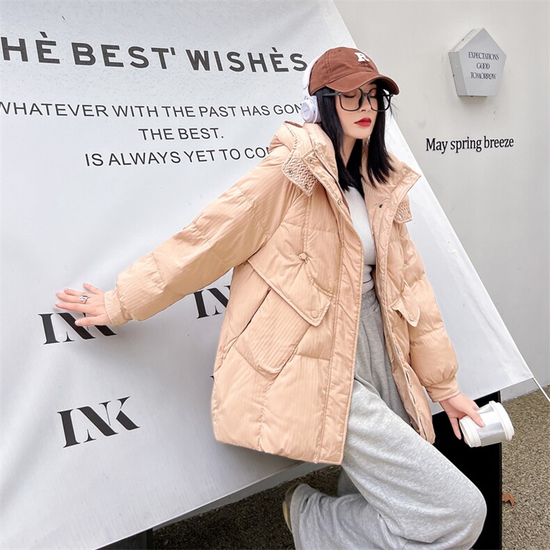 2023冬季新款肌理感90白鸭绒羽绒服女设计感小众时尚连帽加厚外套,女装羽绒服,卡杰菲