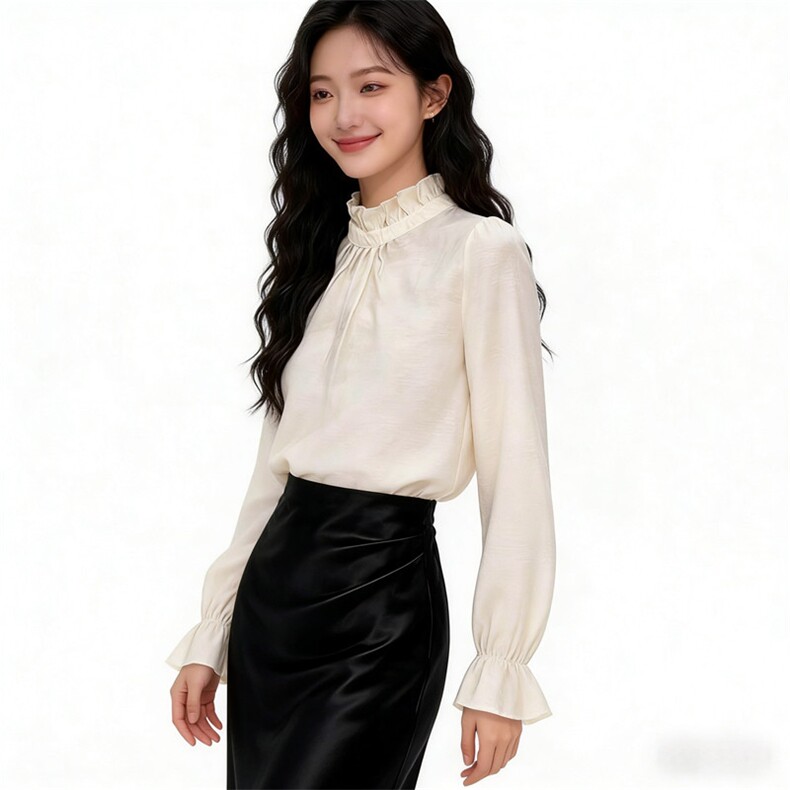 优雅风2026年春季套头木耳边提花长袖时尚衬衫女,女装衬衫,微微衣阁