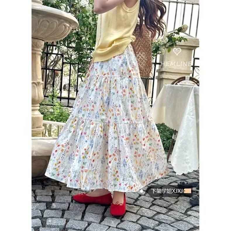 新款小个子设计感碎花茶歇高腰半身裙女夏季a字显瘦大摆温柔长裙，女装半身裙，星座1210-1