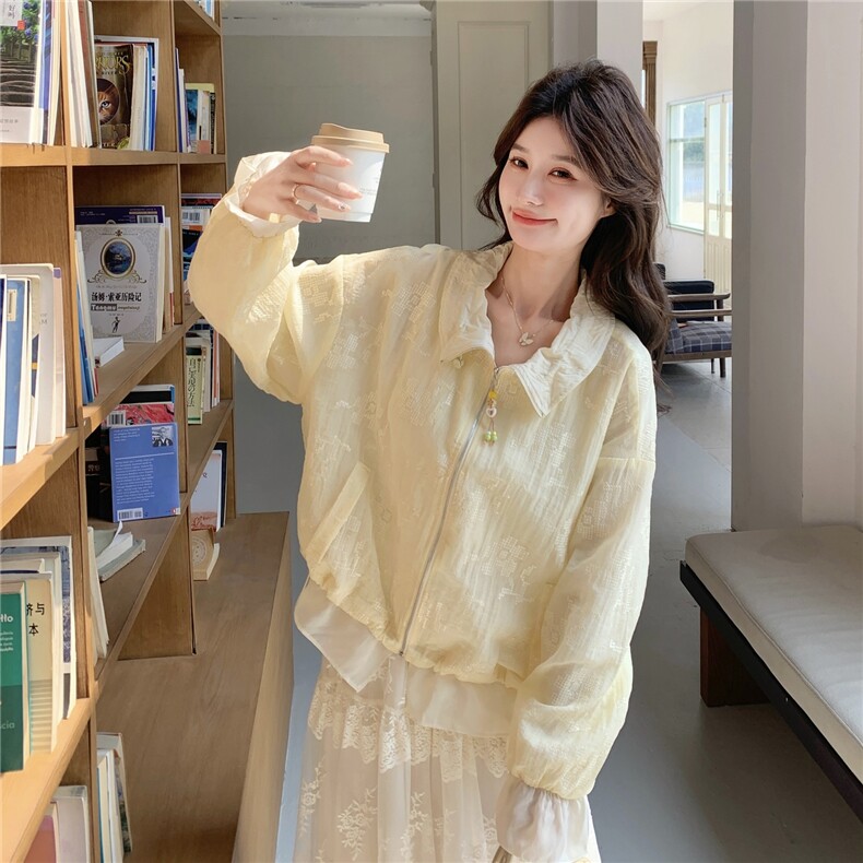 韩版休闲风薄款蕾丝短外套女春夏宽松拉链翻领长袖减龄防晒衣，女装防晒衣，维壹