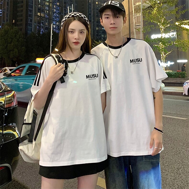 200克宽松圆领三条杠短袖T恤棉情侣团队服班服定制潮男女V4图片