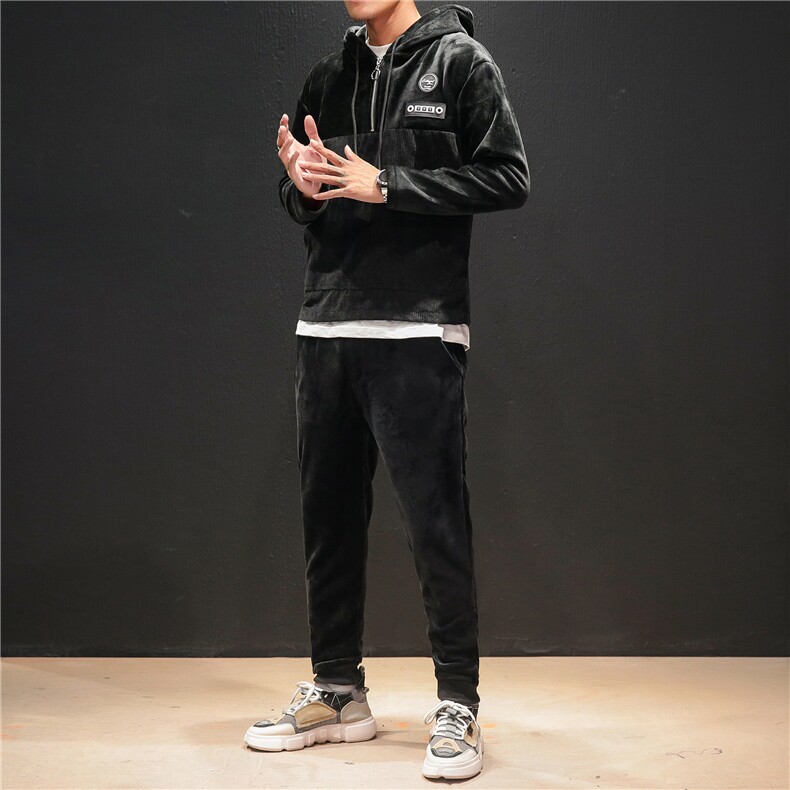 703-TZ172日系男士套装双面金丝绒拼灯芯绒大码加绒冲锋卫衣,男装休闲套装,星座703