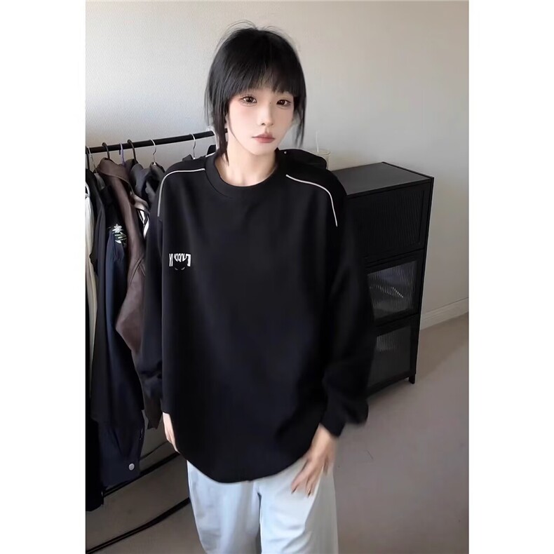 黑色圆领卫衣男春秋季新款美式ins潮流高级感恶魔猫眼印花宽松T恤,男装卫衣,星座506A