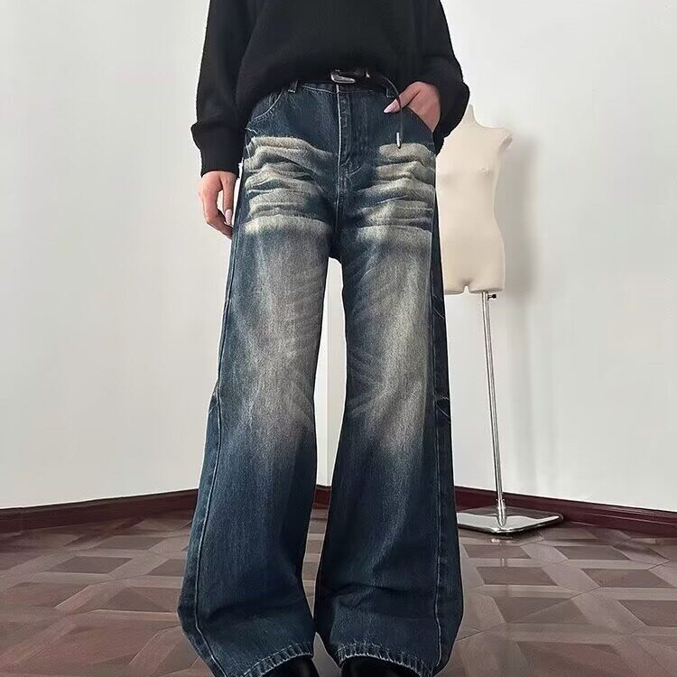 美式复古高腰微喇牛仔裤女秋冬新款高街设计感宽松显瘦阔腿拖地裤,男装牛仔裤,星座506A