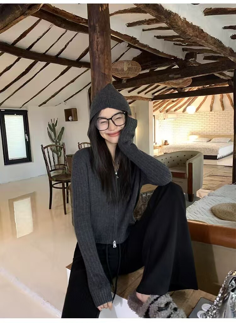 新款纯色连帽针织拉链开衫时尚百搭,针织衫/毛衣,忠诺羊绒