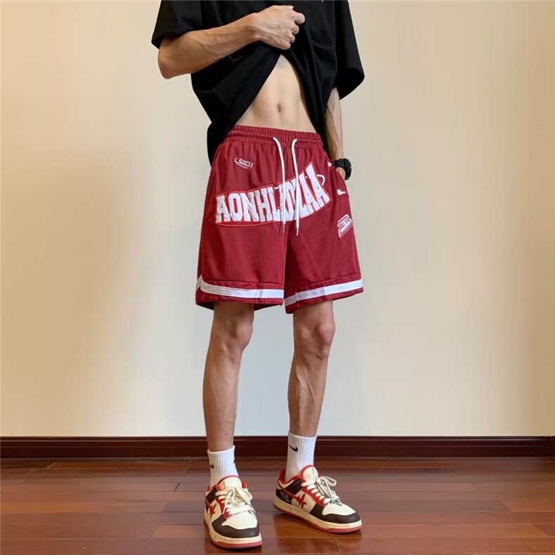 休闲短裤男韩版字母刺绣个性高街红色2023夏季ins五分裤K4306-P30,男装休闲裤,星座412-3