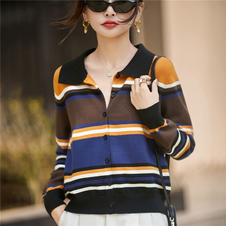 法式复古撞色条纹POLO翻领针织开衫女2025新款长袖显瘦毛衣上衣潮，女装羊毛衫，圣丽羊绒