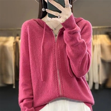 双拉链休闲连帽100纯羊毛开衫女宽松外套春秋绿色针织衫羊绒帽衫，女装针织衫/毛衣，萱芳婷羊绒