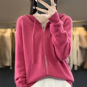 双拉链休闲连帽100纯羊毛开衫女宽松外套春秋绿色针织衫羊绒帽衫图片