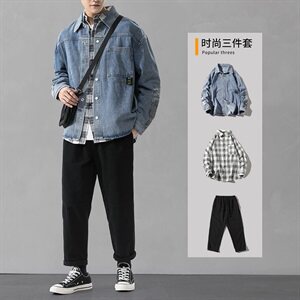 春秋季新款工装牛仔男韩版潮流夹克搭配三件套套装DF153T图片