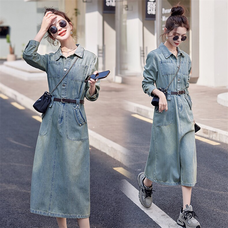 2024年春季长袖小翻领常规袖收腰牛仔长裙休闲风纯色，女装连衣裙，瑶迪依秀