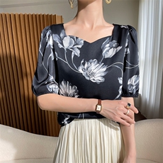 夏季新款醋酸真丝绸棉印花短袖女宽松百搭半袖T恤内搭打底衫上衣，女装衬衫，朝贺羊绒