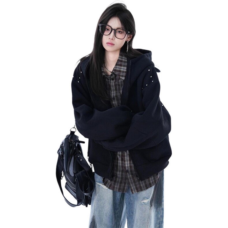 抖音得物高品质26春装美式高街铆钉杜宾犬耳朵开衫卫衣外套W125,女装短外套,电商A486