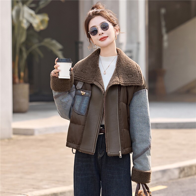 牛仔拼接短款羽绒服女2025冬季新款翻领加厚保暖羽绒外套,女装羽绒服,沁沁公主