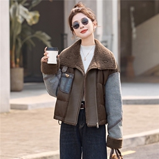 牛仔拼接短款羽绒服女2025冬季新款翻领加厚保暖羽绒外套，女装羽绒服，沁沁公主
