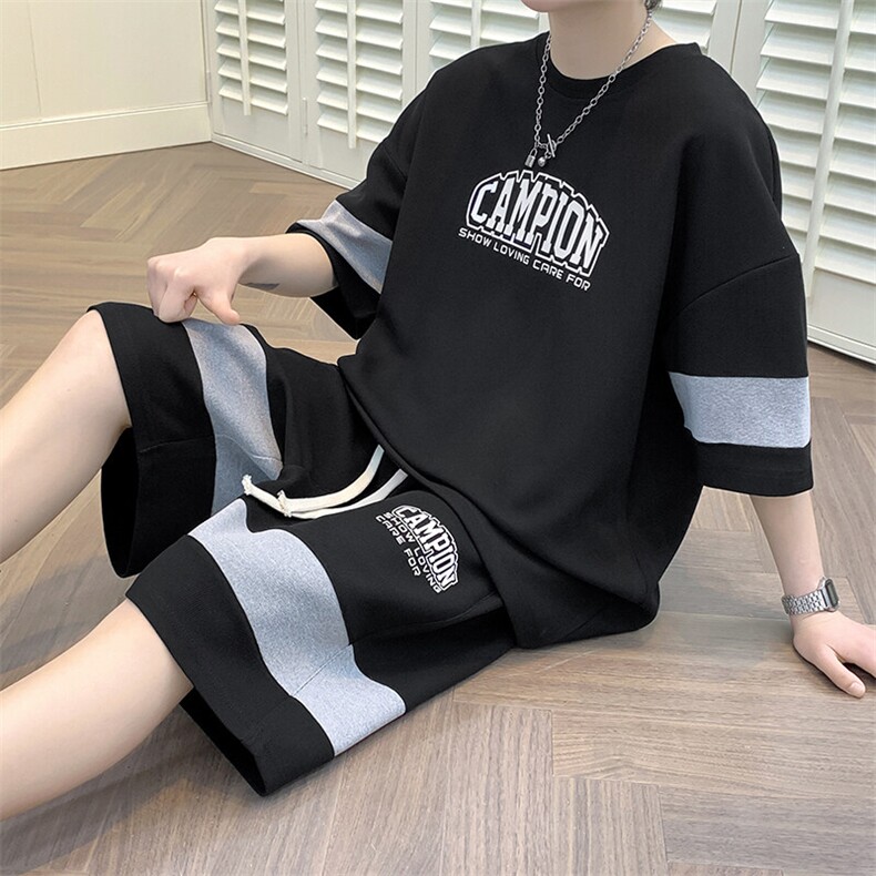 2025夏季新款运动服短袖T恤运动套装潮男痞帅一套搭配宽松短裤p45,男装T恤,星座1113