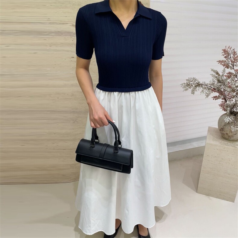 坑天POLO领拼接纯棉半身裙,女装连衣裙,优麦羊绒（原洪叶羊绒）