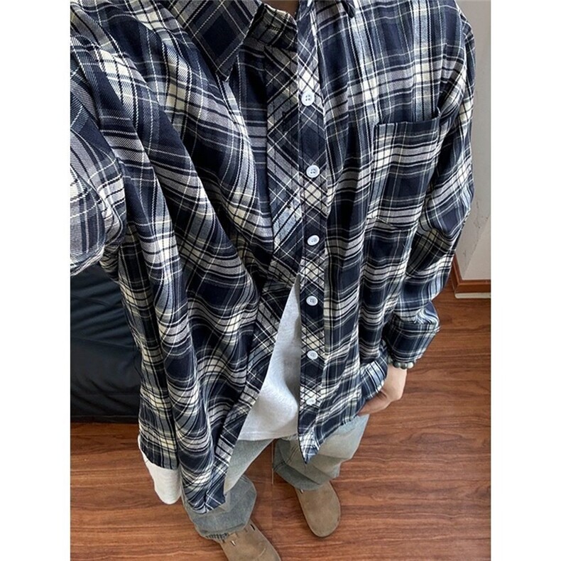 美式加绒复古潮牌格子衬衫男春秋季新款宽松高级感衬衣青少年外套,男装衬衫,星座506A