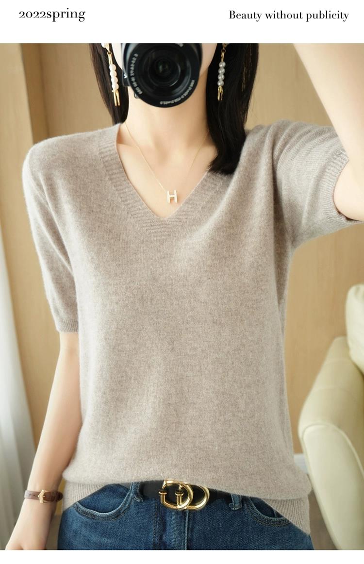 衫女V领春款新款修身短款毛衣短袖内搭大码羊毛衫针织打底衫,针织衫/毛衣,鄂维那特