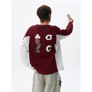 6XL-M 美式潮牌印花长袖t恤男拼接撞色卫衣男上衣服 CX3009-特P48图片