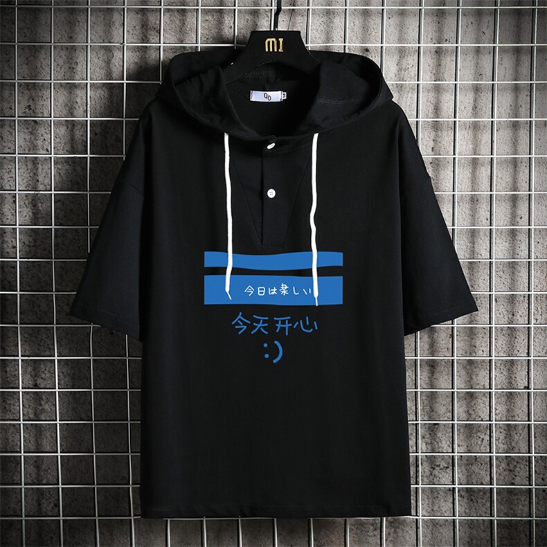 LD54033-P45连帽短袖t恤男大码胖子带帽五分袖中袖网格挂拍,男装T恤,电商A040A