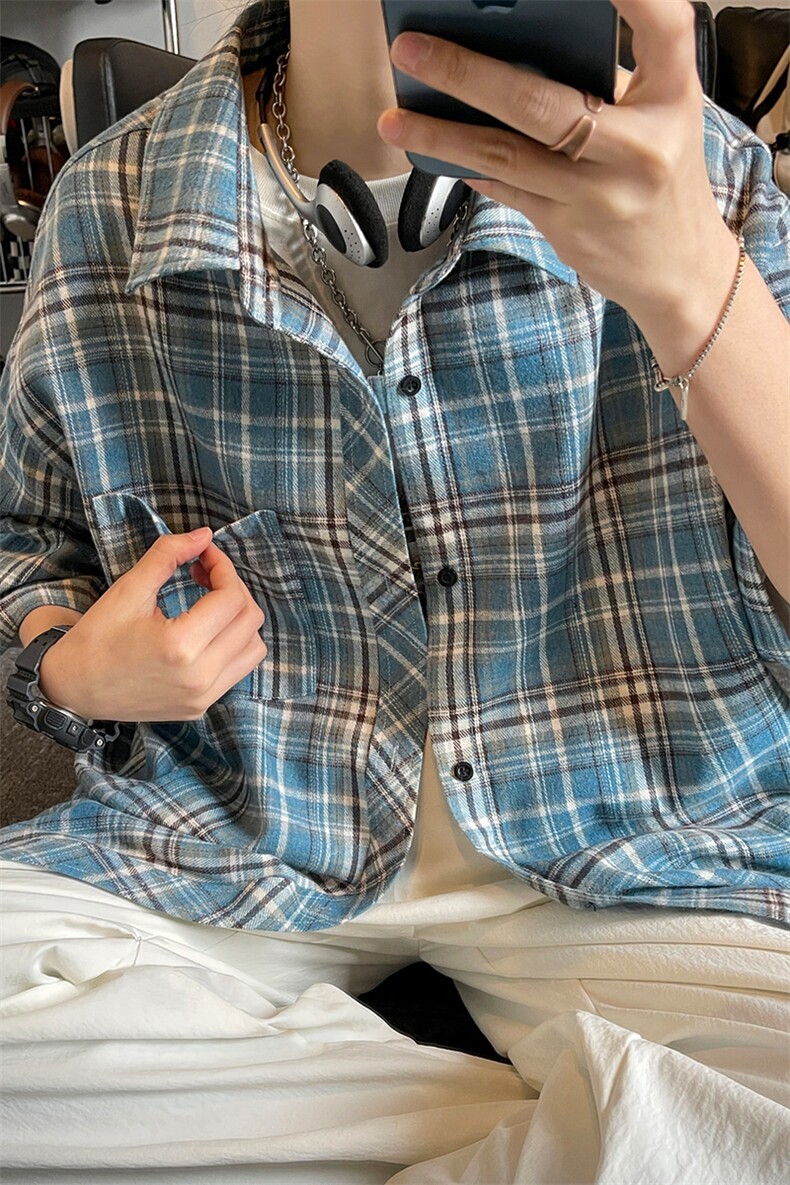 夏季复古格子大码原创休闲男半袖短袖衬衫C2174-P24【特价】,男装T恤,电商A007