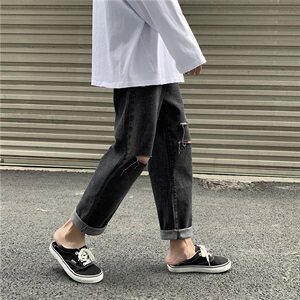 夏季港风ins纯色休闲破洞九分牛仔裤潮男宽松男女直筒裤KZ07图片
