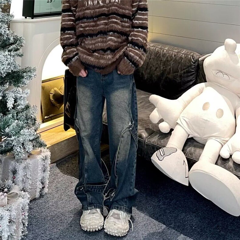 现货潮牌情侣美式复古拼接绑带牛仔裤宽松直筒水洗长裤WLD99-P62，男装牛仔裤，星座1008-1