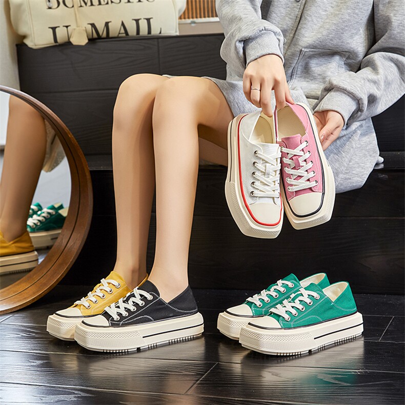 方头两穿小白鞋女2024夏季新款女士厚底休闲板鞋透气百搭平底女鞋，女鞋帆布鞋，电商A223