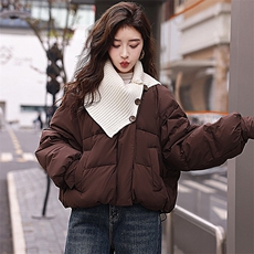 针织拼接咖色短款羽绒服女2024冬季新款韩系宽松设计感加厚面包服，女装羽绒服，曼娅璐