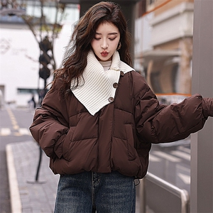 针织拼接咖色短款羽绒服女2024冬季新款韩系宽松设计感加厚面包服图片