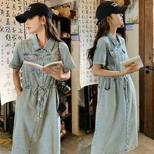 夏季新款牛仔刺绣连衣裙修身显瘦气质长裙图片