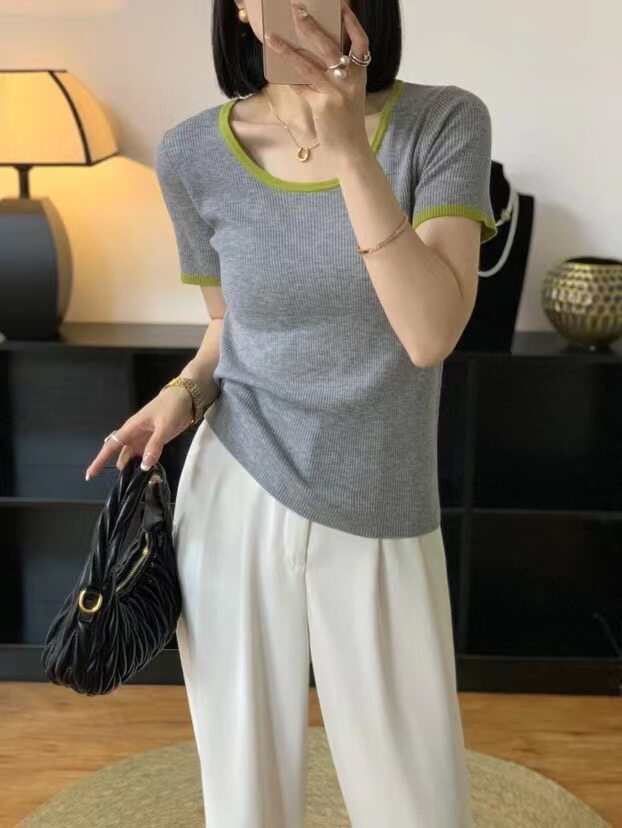 修身薄款拼色U领短袖针织衫女夏季气质百搭,针织衫/毛衣,圣旺供货