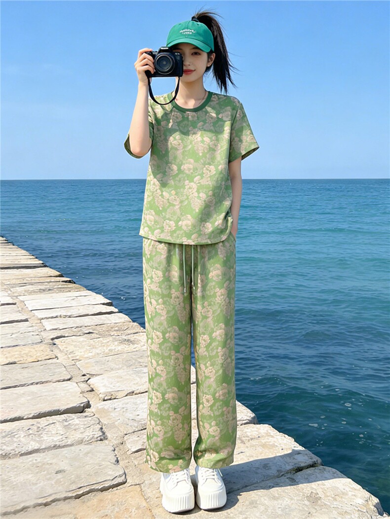 女夏季新款高端时尚花色短袖T恤套装宽松显瘦抽绳阔腿裤两件套潮,女装套装/套裙,江南