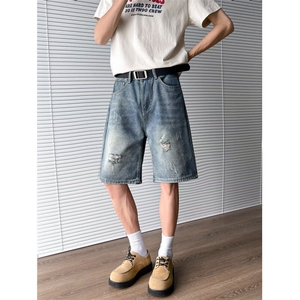 美式复古vibe风割烂牛仔短裤男夏季2026新款宽松五分裤RK2990-P40图片