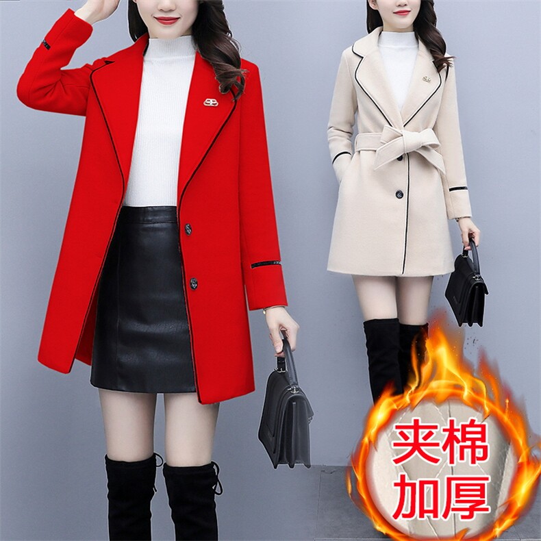 2021秋季夹棉加绒加厚毛尼外套女中长款英伦风包边时尚,女装毛呢外套,潮品会