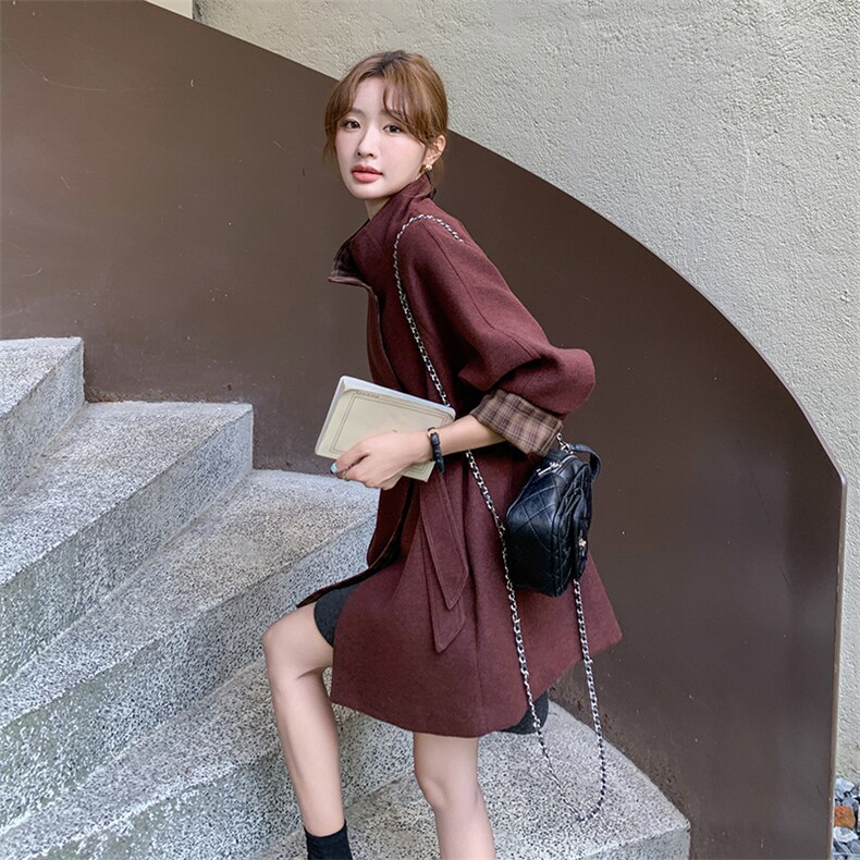 超好看红立领毛呢外套女秋冬气质高级感赫本中长款呢子大衣,女装短外套,2C129