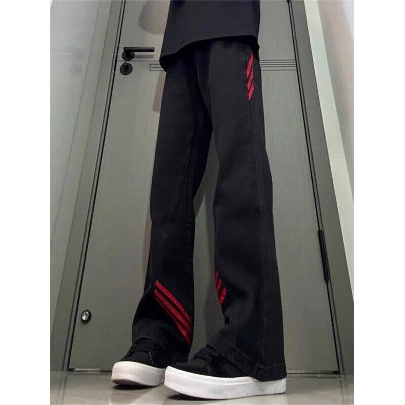 cleanfit条纹黑色微喇休闲裤美式运动高街弯刀直筒裤WLA4466-P45,男装休闲裤,星座1008