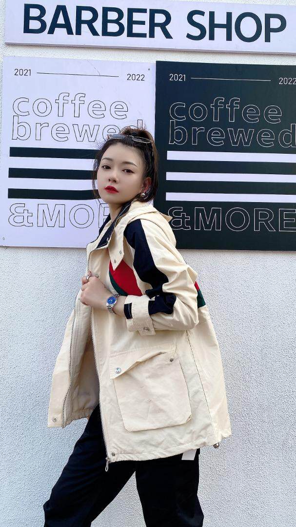 撞色抽绳中长款风衣外套，女装风衣，帝瀛 DY
