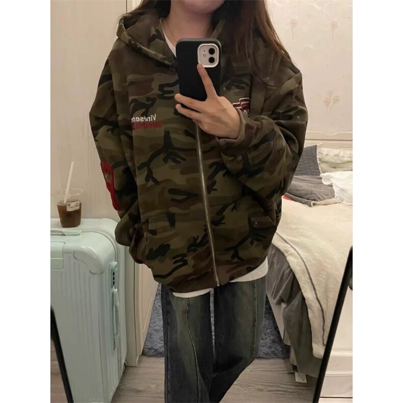 美式穿搭迷彩连帽卫衣外套女秋季刺绣拉链开衫情侣上衣潮WY226，女装短外套，星座208-5