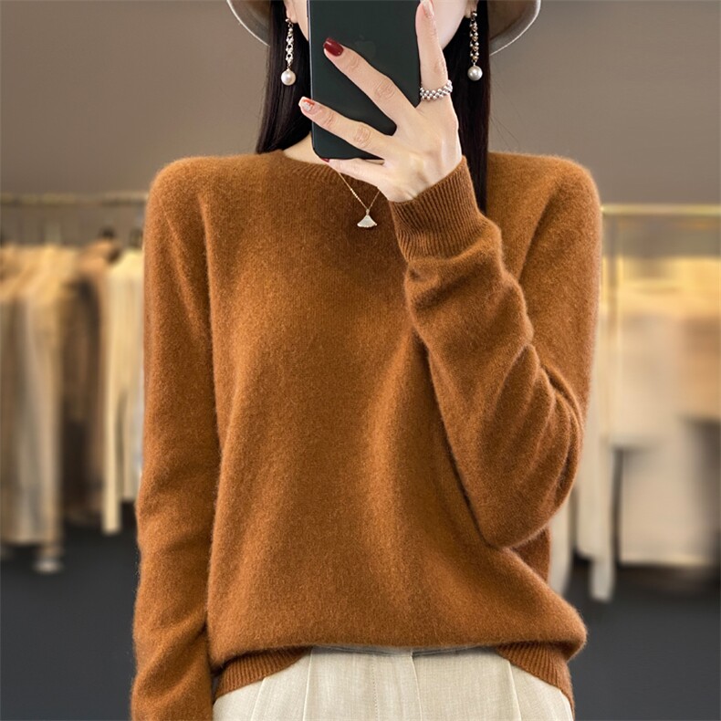 奢华质感澳洲羊毛衫女圆领一线成衣套头打底毛衣针织衫外搭,女装羊毛衫,鲁菏羊绒