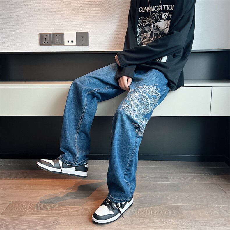 牛仔裤男秋季潮大码休闲裤子全刺绣双龙裤子N8104P48,男装牛仔裤,星座1116-2