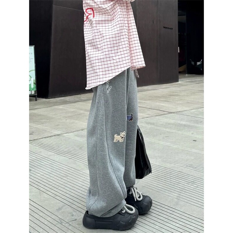 趣味小狗裤子女2025春秋新款贴布绣垂感高级感阔腿直筒休闲卫裤潮图片